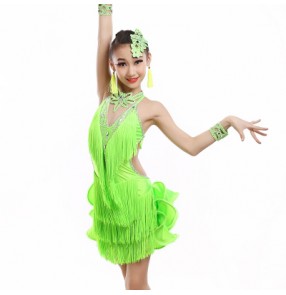 Neon green fluorescent  fuchsia hot pink violet fringes backless rhinestones girls high quality competition school play performance latin ballroom dance dresses sets outfits